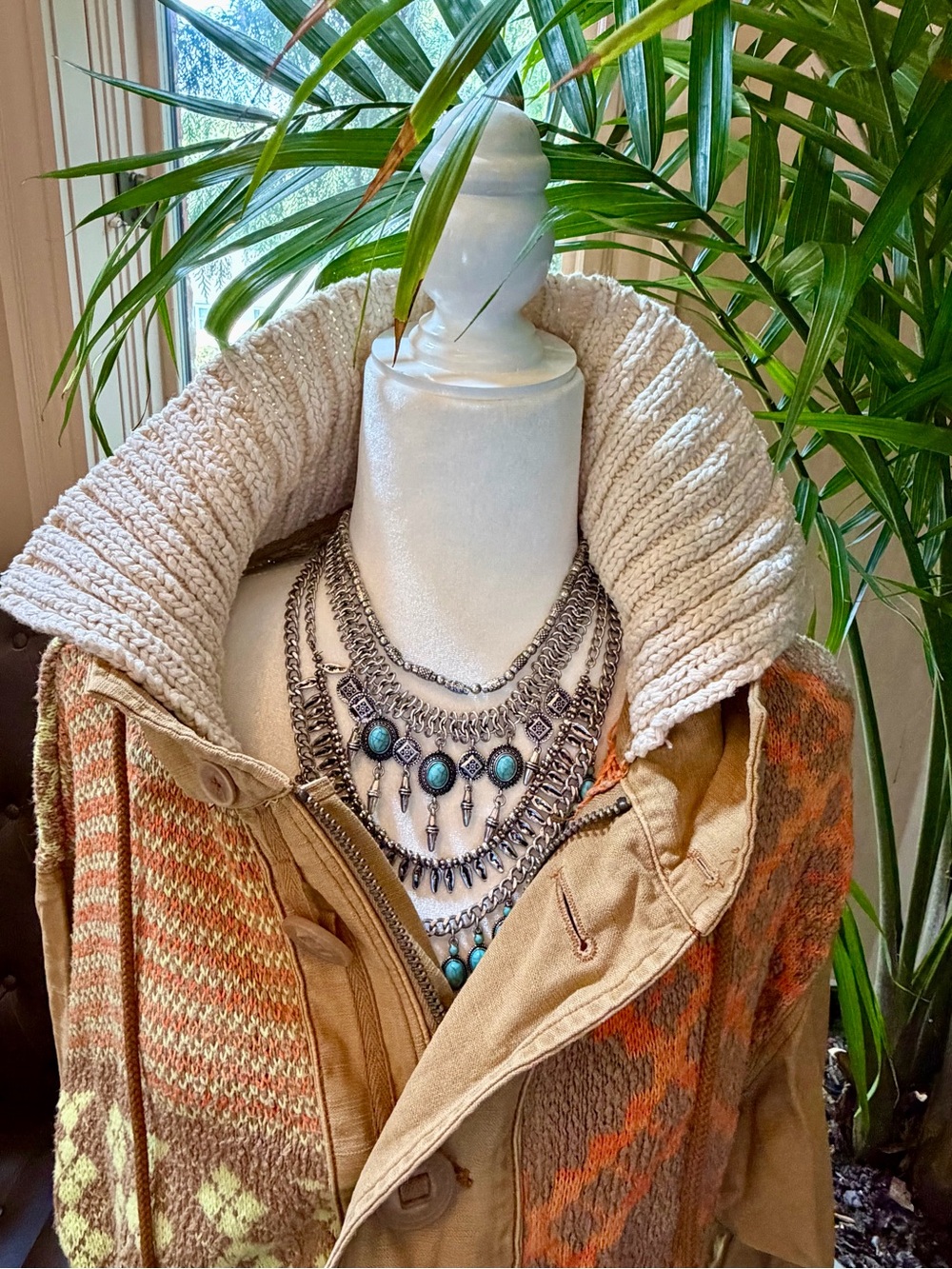 FREE PEOPLE Reno Knit Patchwork Cropped BOHO Jacket Coat Utility Aztec Brown Sm - Picture 2 of 16